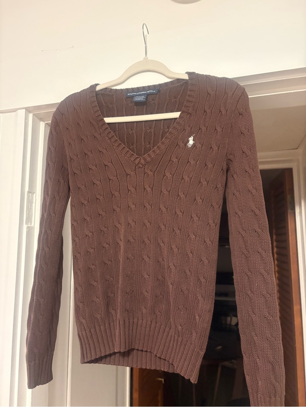 Ralph Lauren Sport Cable Knit V-Neck Sweater - Chocolate Brown